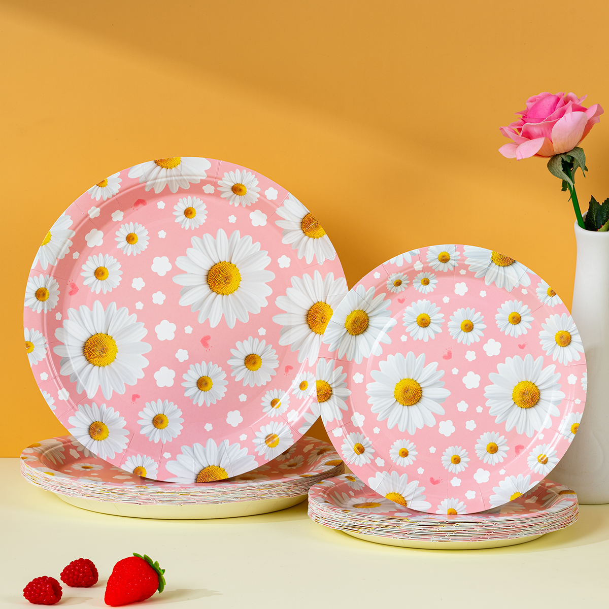 Event & Party Supply - Pink Daisy Print Disposable Paper Plates,